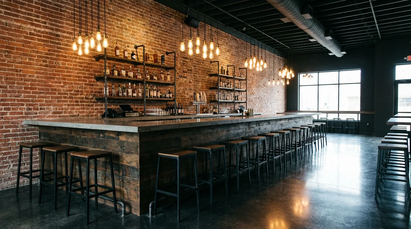 An interior shot of a trendy industrial-style bar, featuring a reclaimed wood and concrete counter, exposed brick wall, and hanging Edison bulbs.