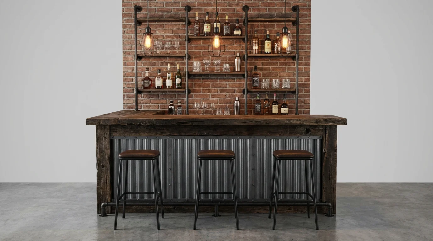 A photorealistic mockup of a sophisticated industrial bar design, featuring a reclaimed wood and steel counter, metal stools, and exposed brick shelving with Edison bulb lighting, all against a clean, light-gray background.