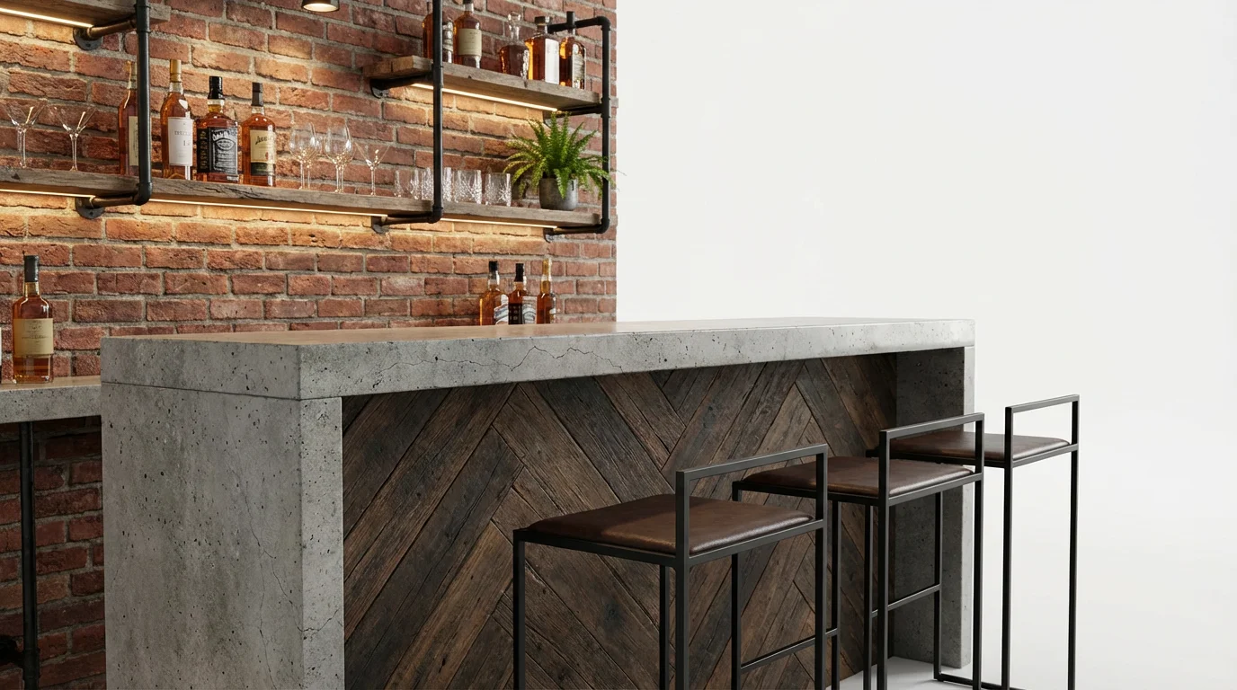 A sophisticated mockup of an industrial bar design featuring a polished concrete counter, reclaimed wood front, and metal bar stools against an exposed brick wall, all isolated on a pure white background.