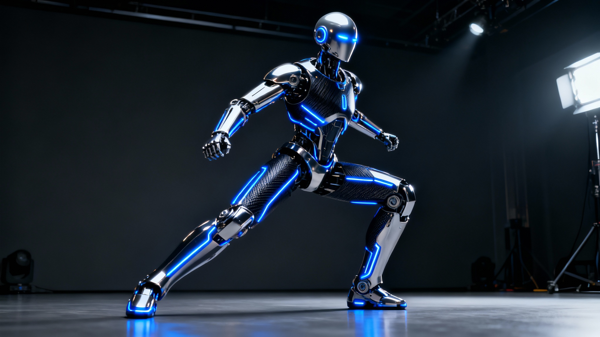 A final render of a sleek humanoid robot character design, shown in a dynamic pose against a dark studio background, highlighting its polished chrome finish and glowing blue LED lights.