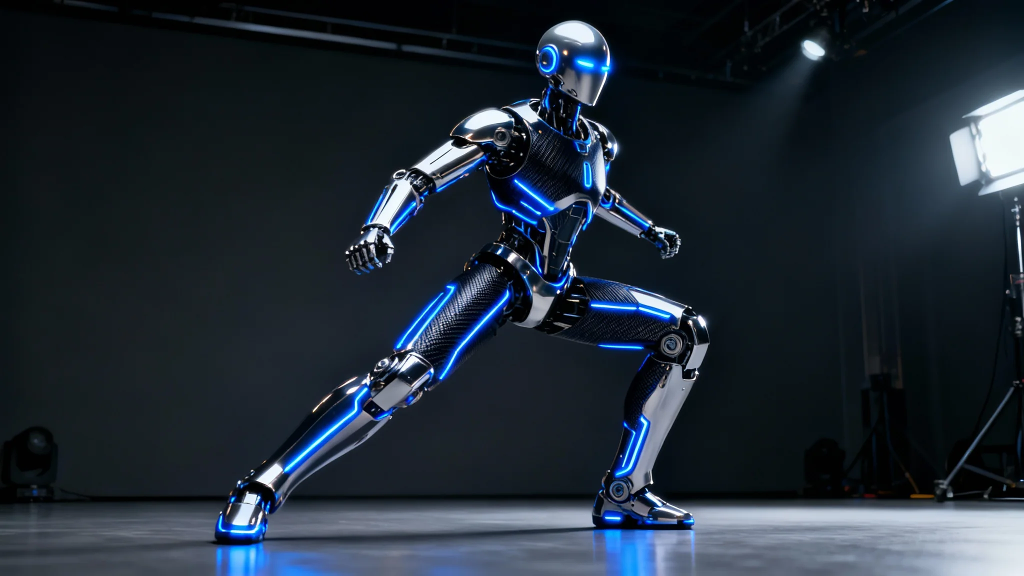 A final render of a sleek humanoid robot character design, shown in a dynamic pose against a dark studio background, highlighting its polished chrome finish and glowing blue LED lights.