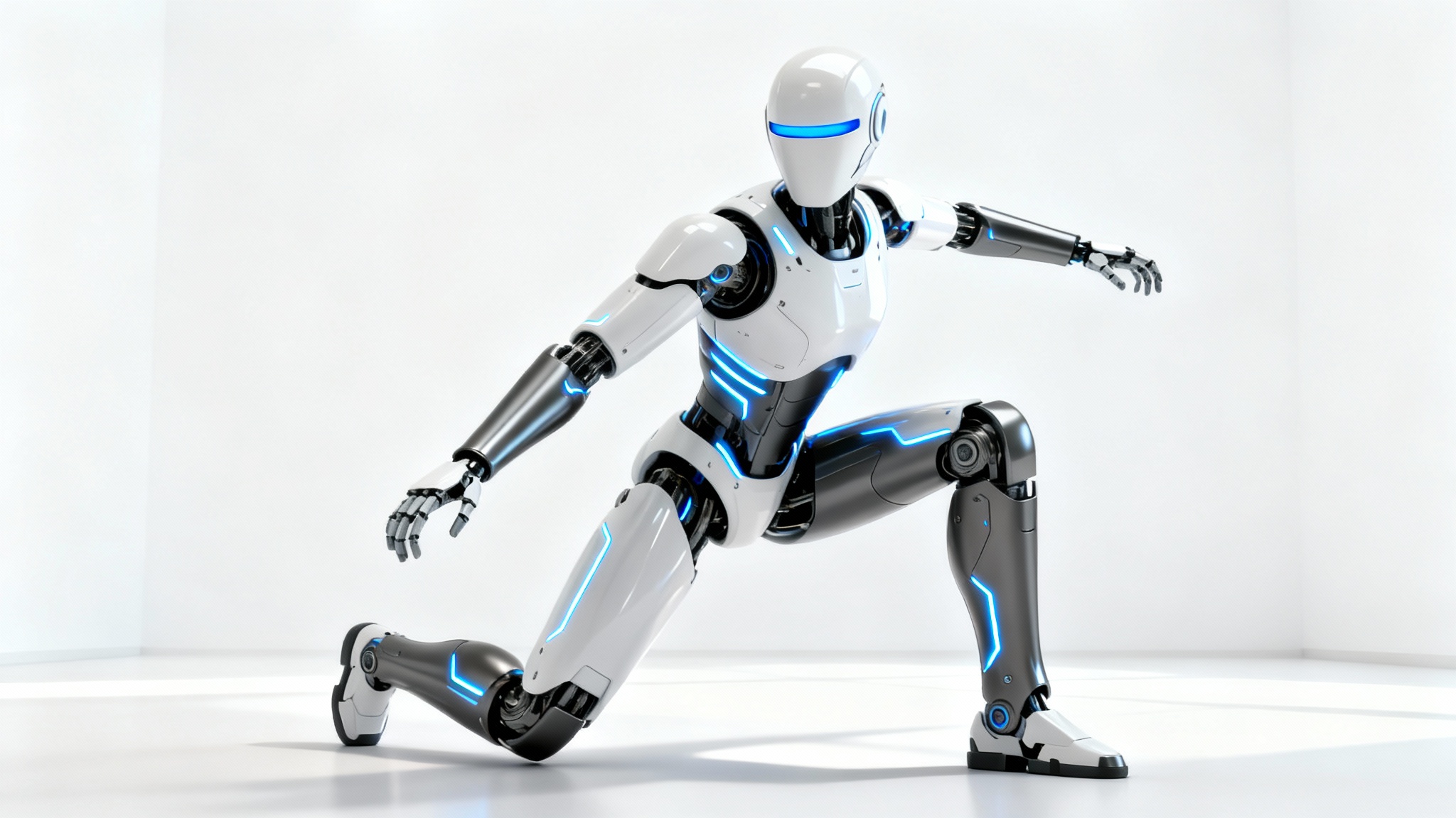 A photorealistic concept design of a sleek, futuristic humanoid robot with white and grey plating and glowing blue lights, standing against a clean white background.