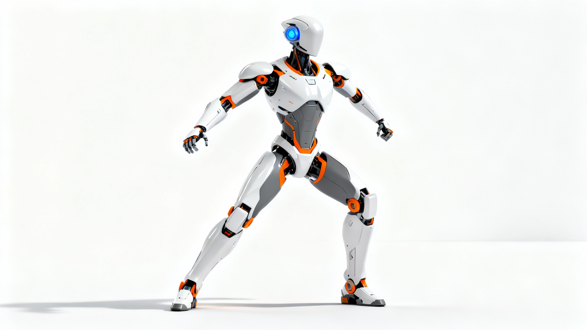 A concept design of a sleek, futuristic humanoid robot with white, grey, and orange plating, standing in a dynamic pose against a clean white background.