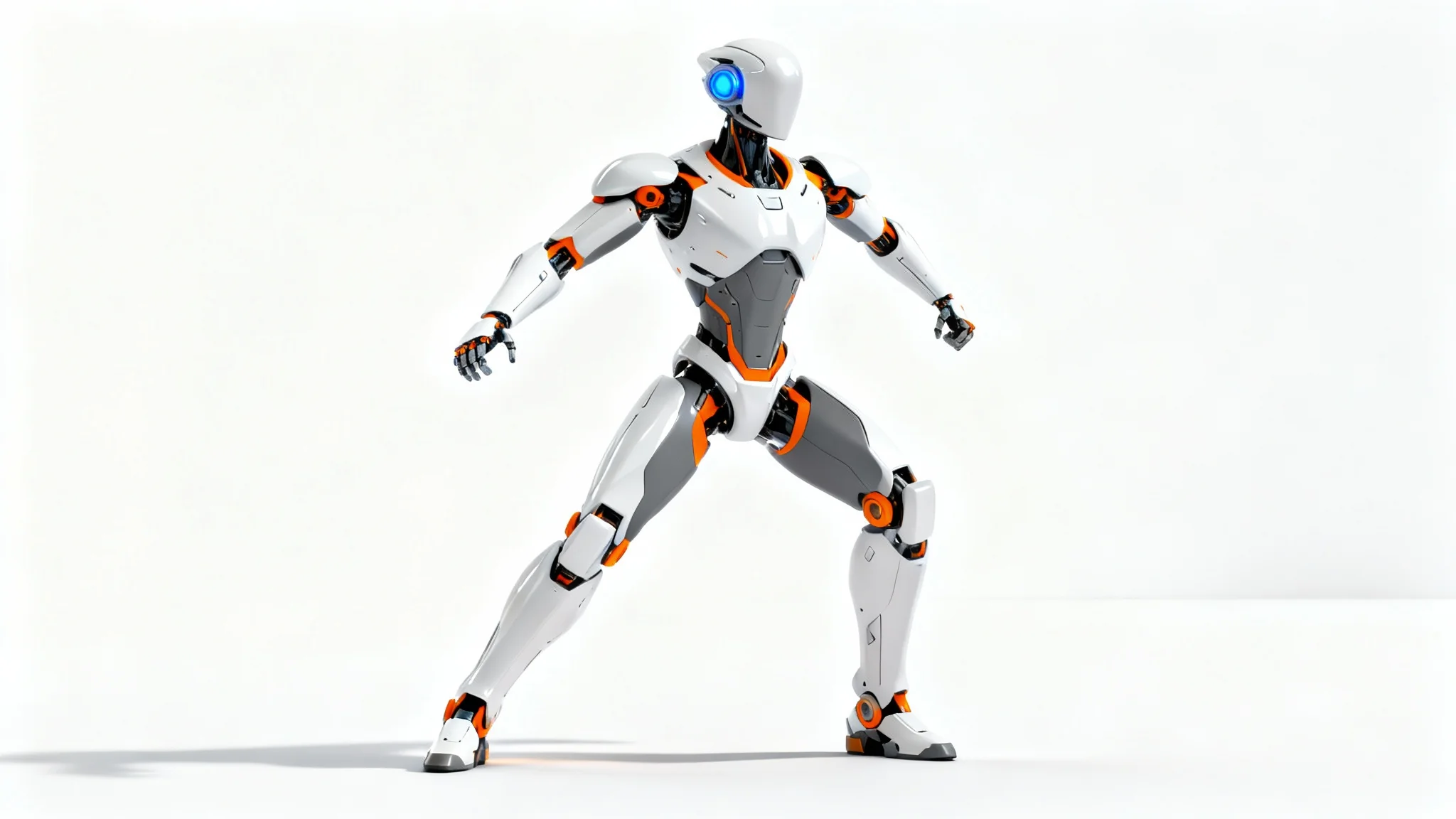 A concept design of a sleek, futuristic humanoid robot with white, grey, and orange plating, standing in a dynamic pose against a clean white background.