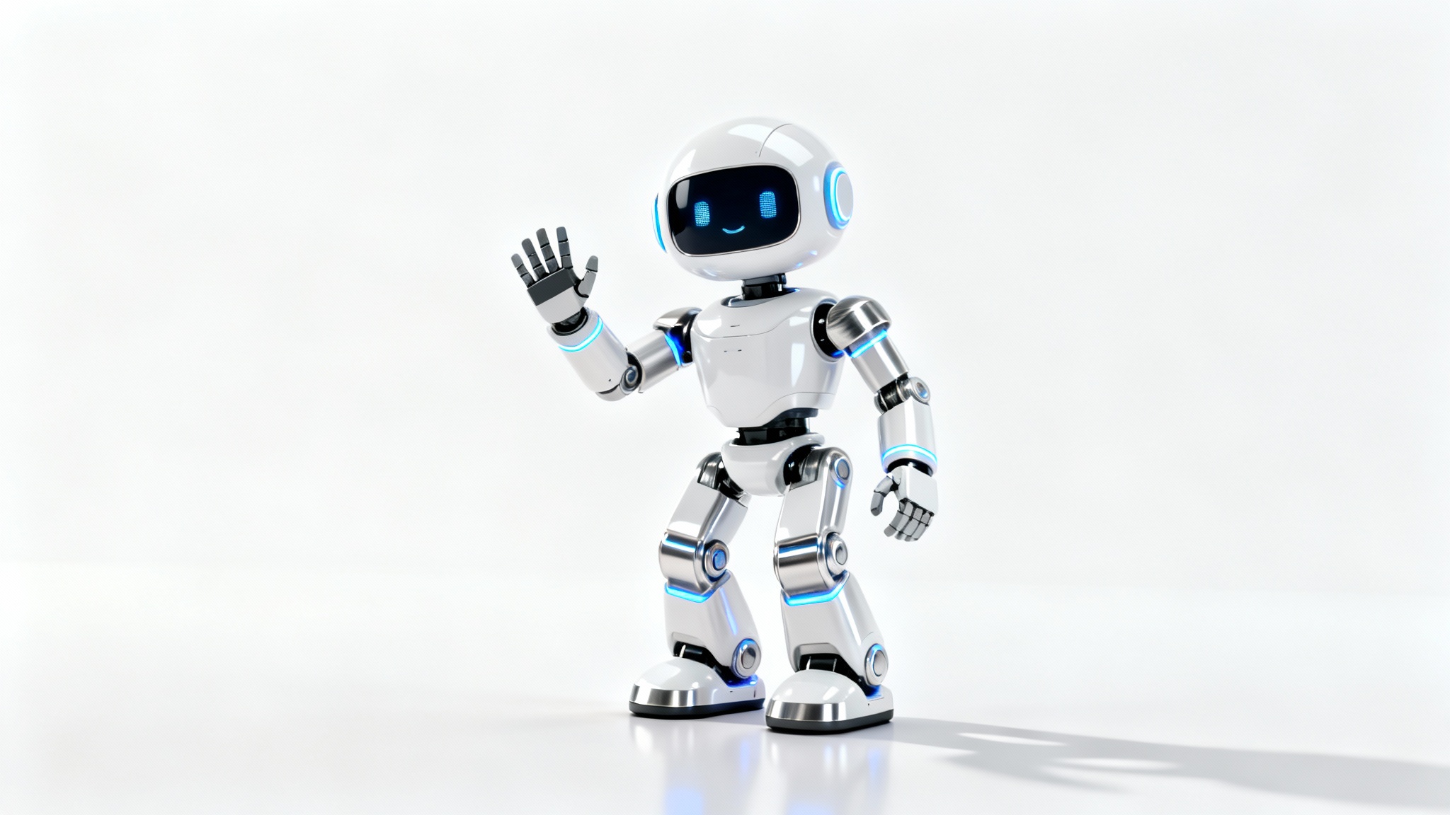 A 3D character design of a friendly, modern white robot waving, showcased against a clean white background.