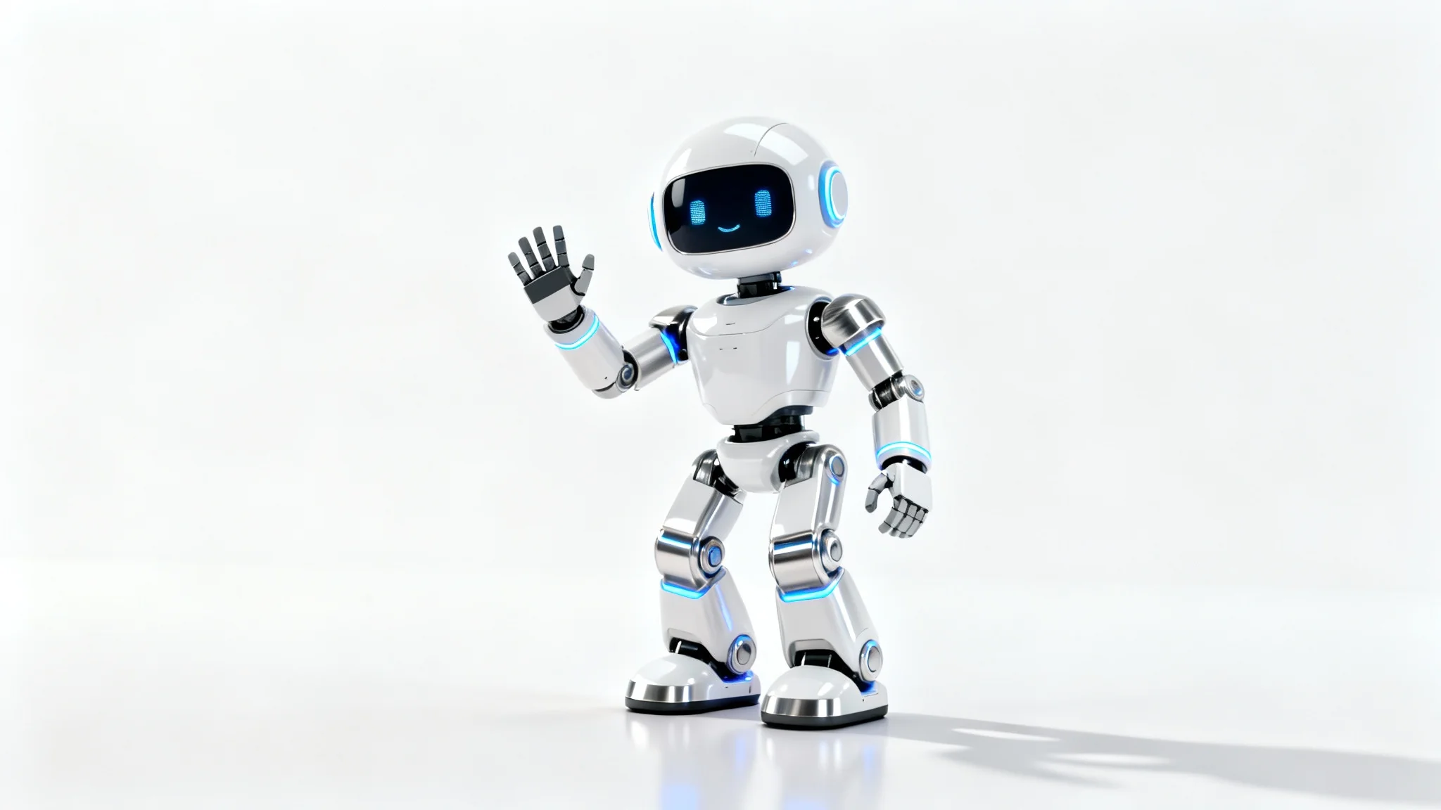 A 3D character design of a friendly, modern white robot waving, showcased against a clean white background.