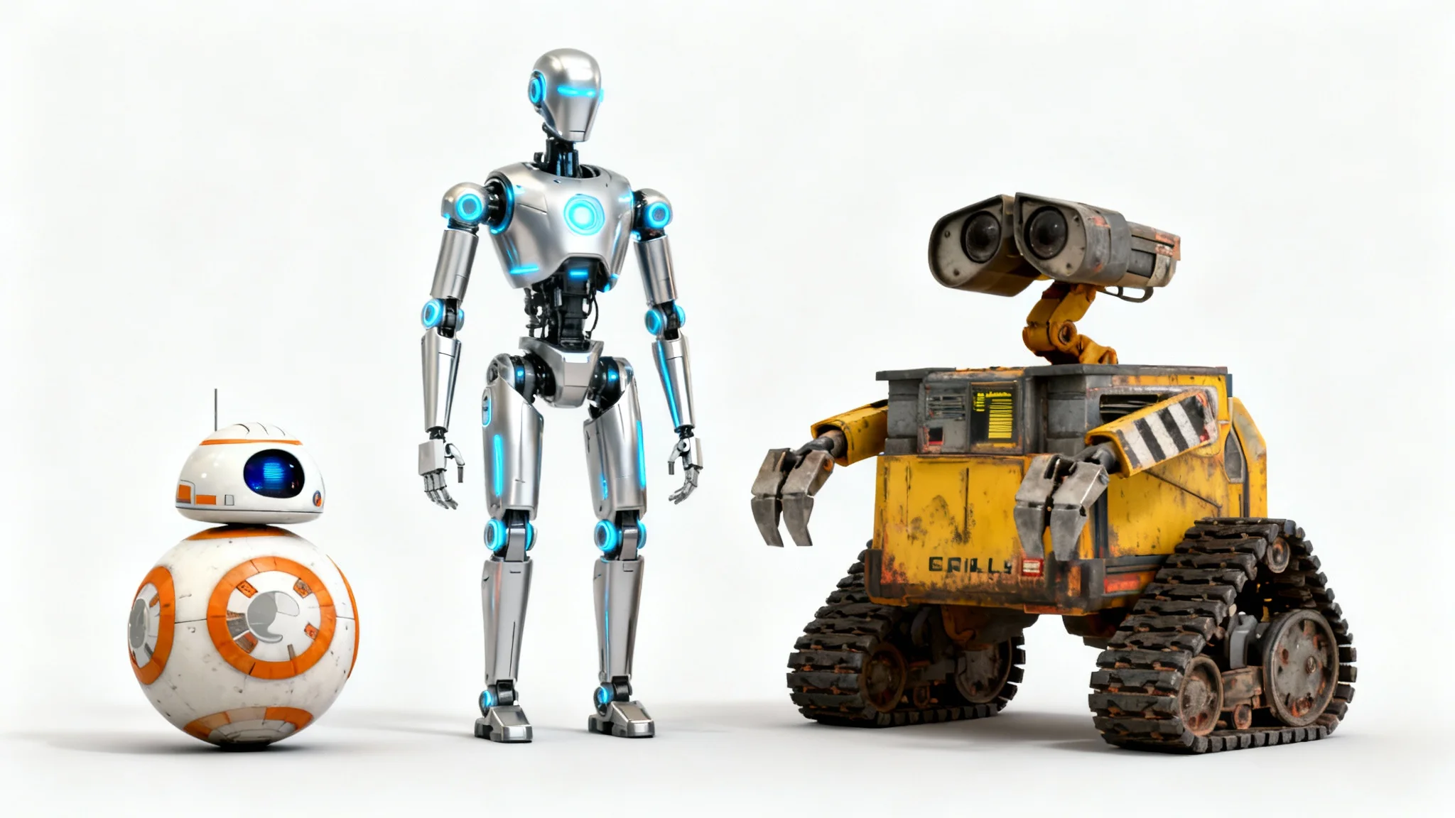 A lineup of three different 3D robot character designs on a white background. On the left is a small, round companion bot; in the middle is a sleek humanoid robot; and on the right is a rugged industrial bot.