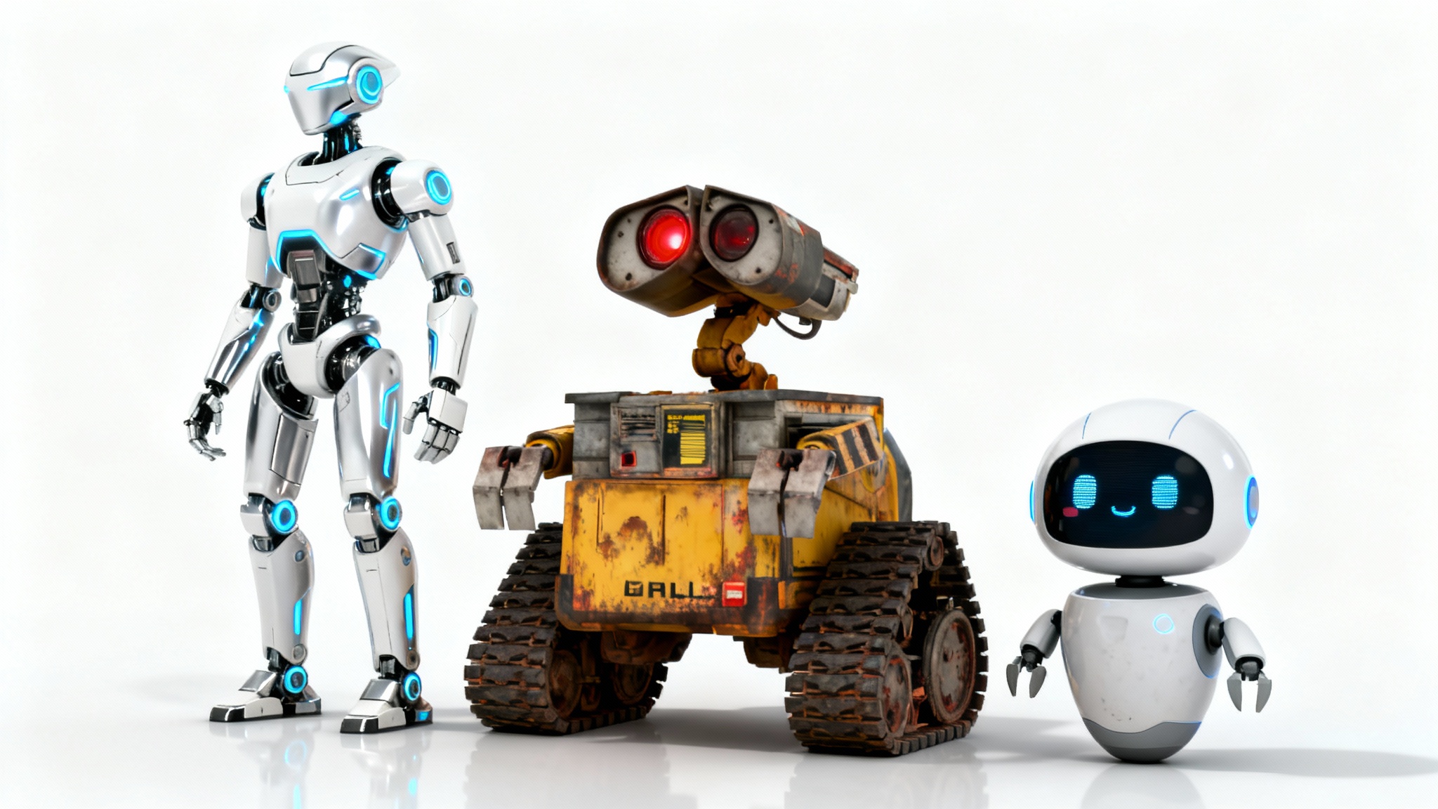 Three distinct 3D robot character designs showcased side-by-side on a white background: a sleek futuristic humanoid, a rugged industrial robot, and a small, friendly companion bot.