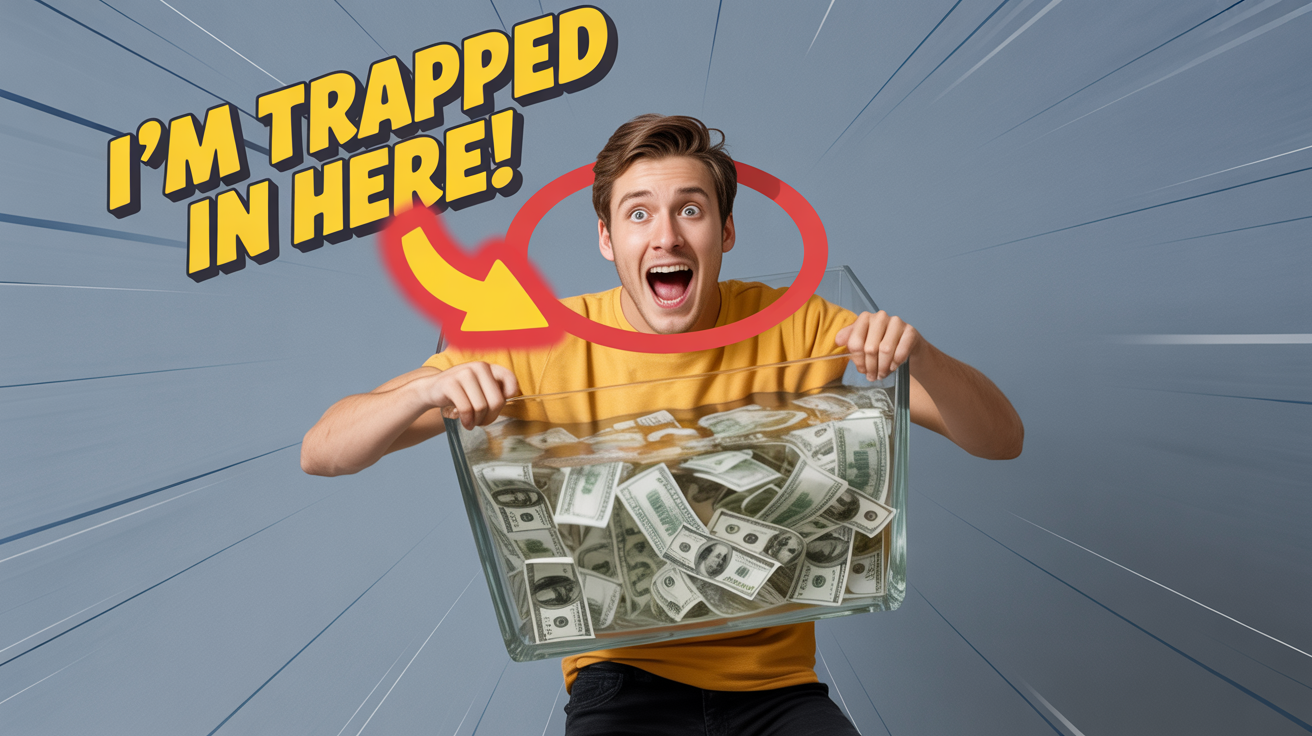 A MrBeast-style YouTube thumbnail showing a young man with a shocked expression trapped inside a glass box as money rains down on him. Bold yellow text at the top reads 'I'M TRAPPED IN HERE!'.