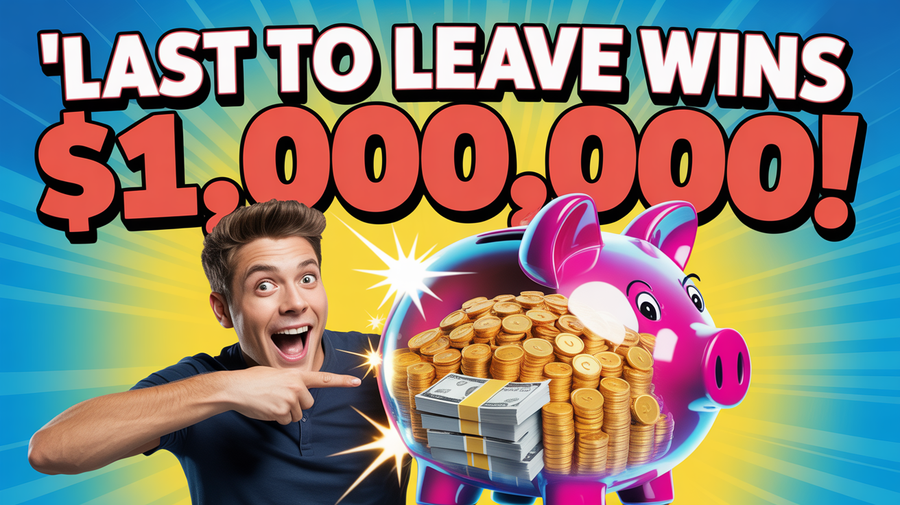 A mockup of a MrBeast-style YouTube thumbnail featuring a man with a shocked expression pointing at a piggy bank full of money, with the text 'LAST TO LEAVE WINS $1,000,000!'.
