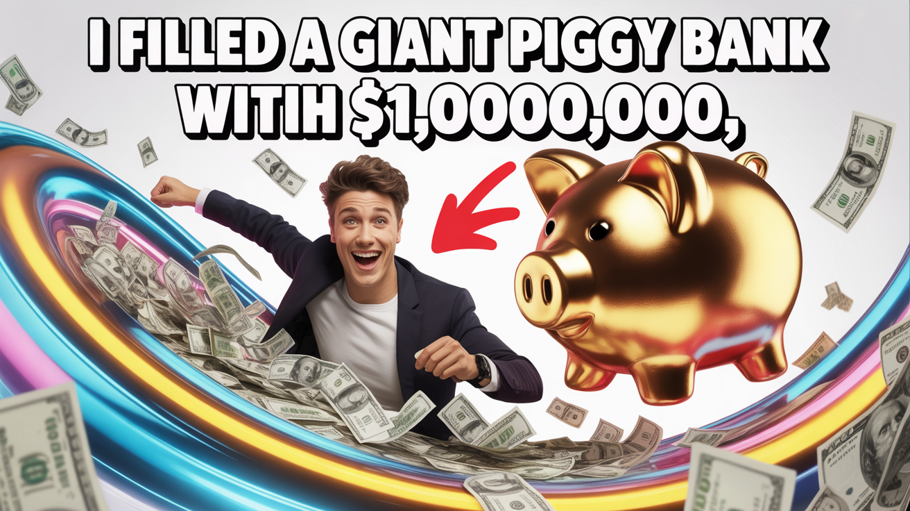 A MrBeast-style thumbnail mockup showing a young man looking shocked in front of a giant golden piggy bank, surrounded by flying money. The text reads 'I FILLED A GIANT PIGGY BANK WITH $1,000,000'.