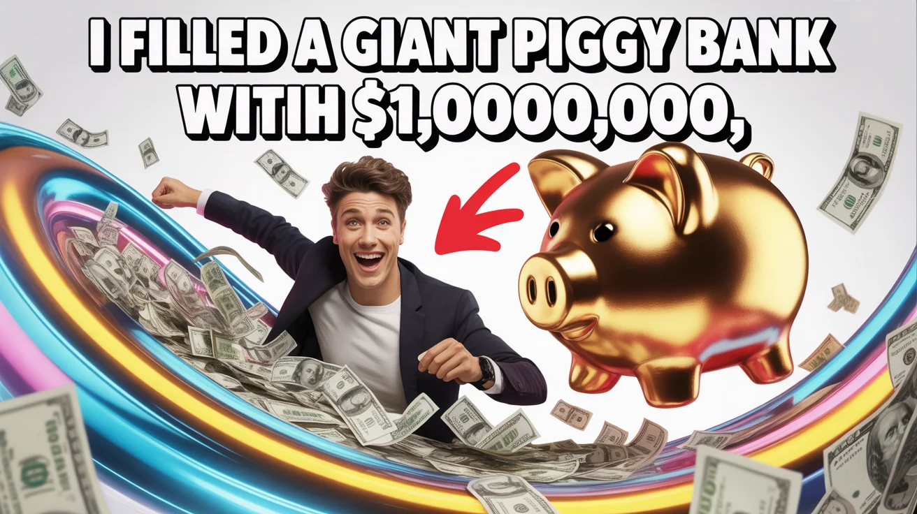 A MrBeast-style thumbnail mockup showing a young man looking shocked in front of a giant golden piggy bank, surrounded by flying money. The text reads 'I FILLED A GIANT PIGGY BANK WITH $1,000,000'.