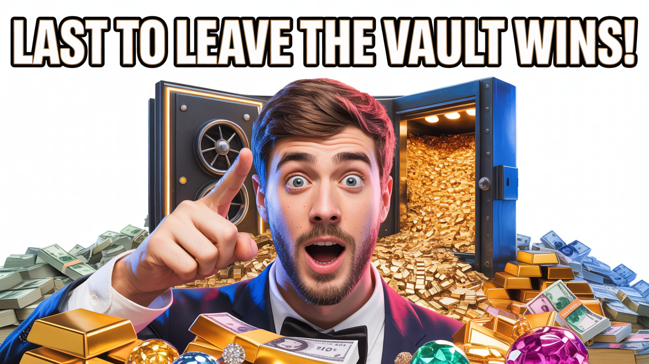A MrBeast-style YouTube thumbnail showing a man with a shocked expression in front of an open bank vault full of money. Text on the image reads 'LAST TO LEAVE THE VAULT WINS!'. The image has a white background.