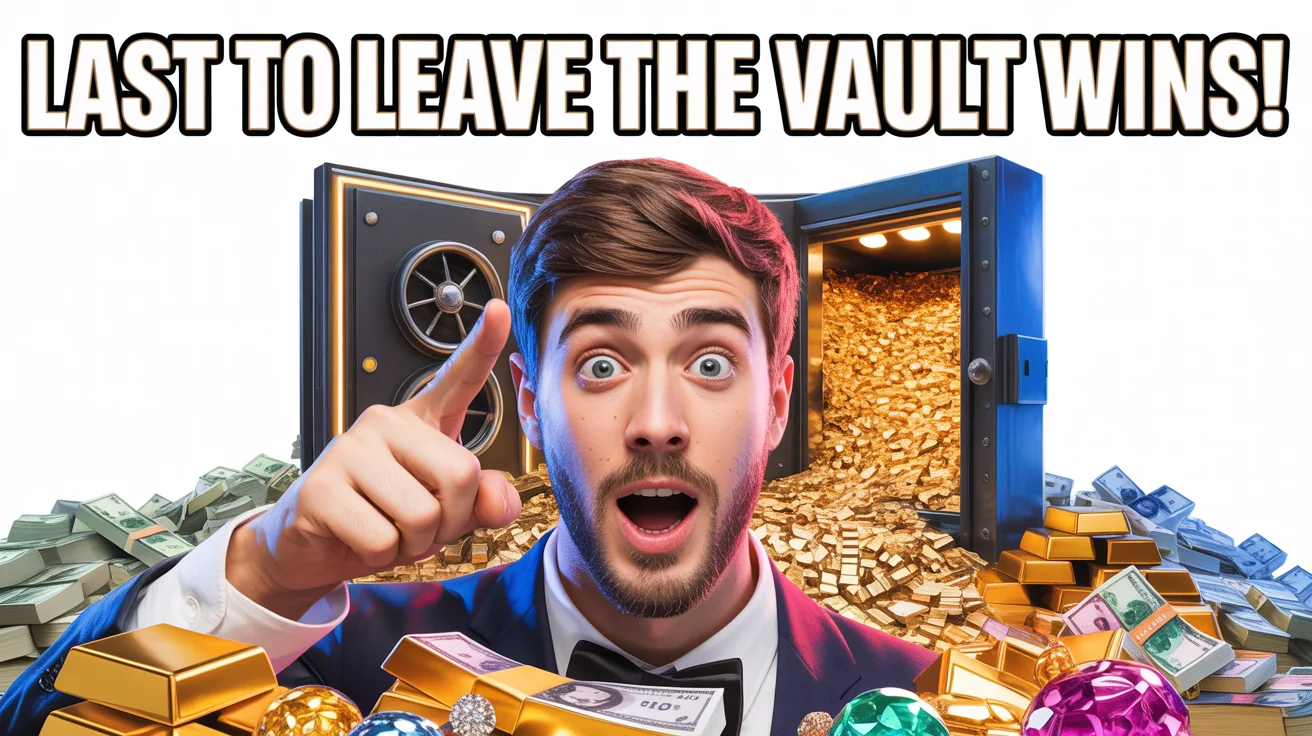 A MrBeast-style YouTube thumbnail showing a man with a shocked expression in front of an open bank vault full of money. Text on the image reads 'LAST TO LEAVE THE VAULT WINS!'. The image has a white background.