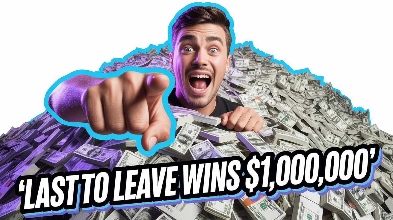 A mockup of a YouTube thumbnail in the style of MrBeast, featuring a shocked young man pointing at the camera in front of a giant mountain of cash, with the text 'LAST TO LEAVE WINS $1,000,000' at the bottom.
