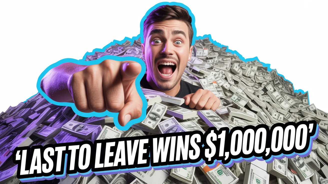 A mockup of a YouTube thumbnail in the style of MrBeast, featuring a shocked young man pointing at the camera in front of a giant mountain of cash, with the text 'LAST TO LEAVE WINS $1,000,000' at the bottom.
