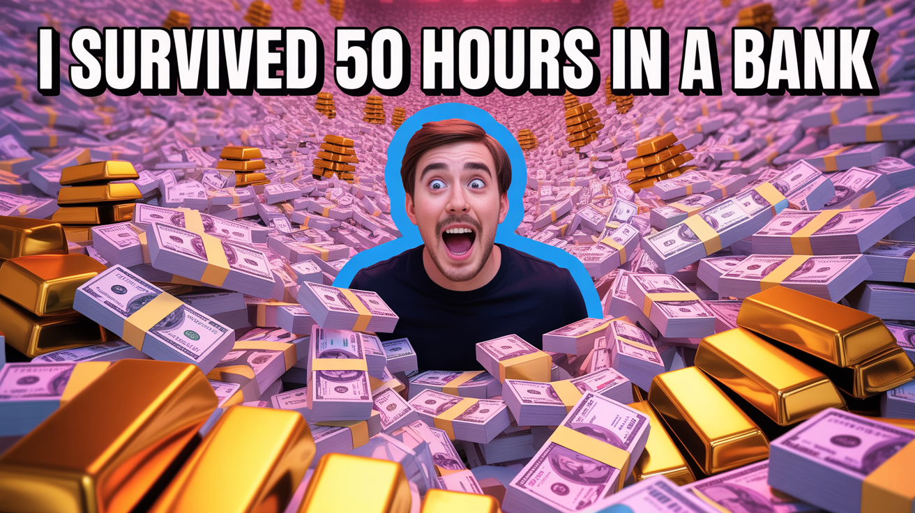 A mockup of a MrBeast-style YouTube thumbnail showing a man with a shocked expression inside a bank vault full of money, with the text 'I SURVIVED 50 HOURS IN A BANK'.