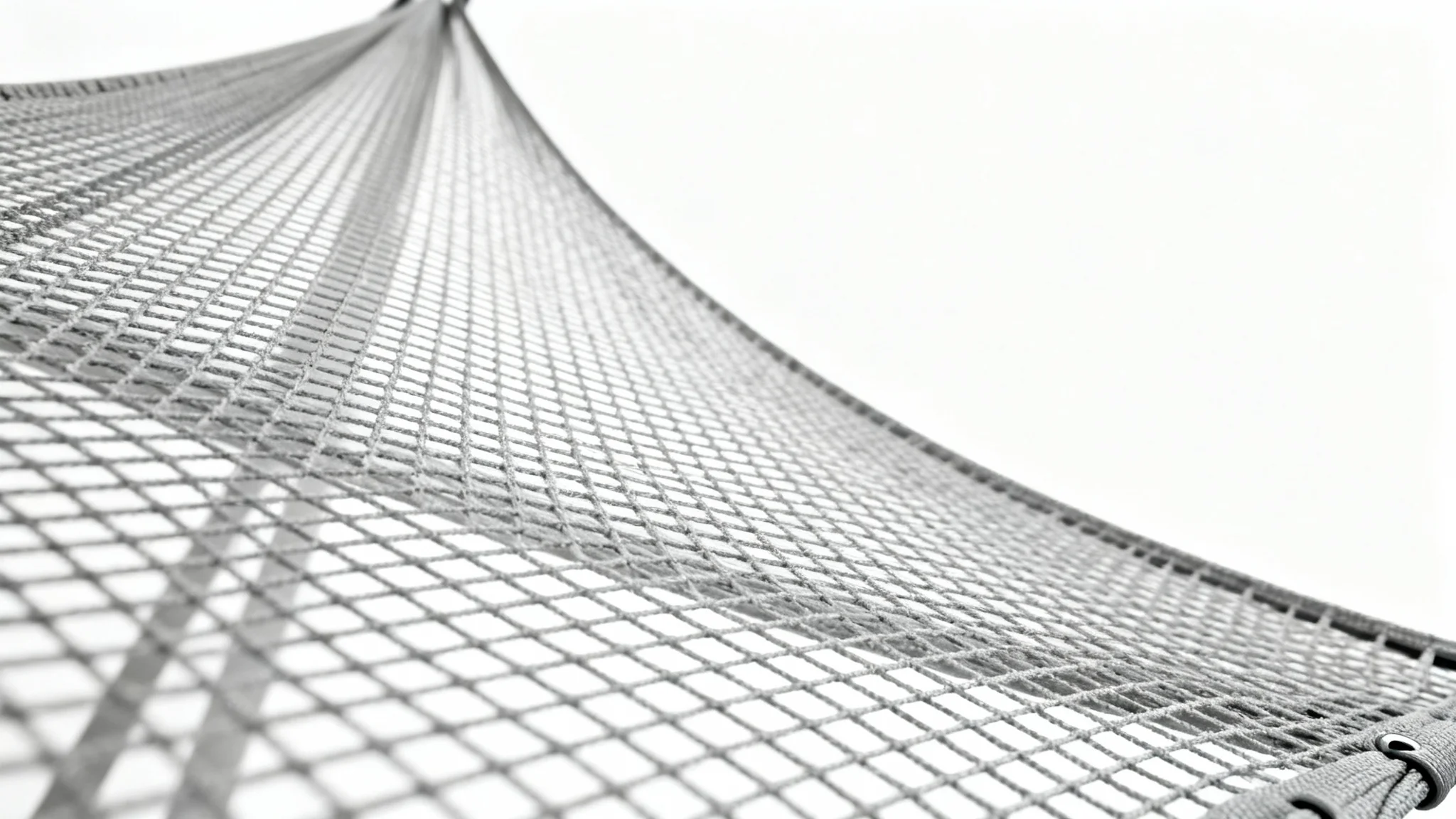 A detailed macro shot of a light gray technical mesh fabric, highlighting its intricate grid pattern and texture against a solid white background.