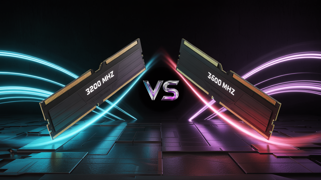 A professional comparison graphic showing two glowing RGB RAM sticks, one blue labeled '3200 MHz' and one red labeled '3600 MHz', with a 'VS' in the middle, set against a dark, futuristic background.