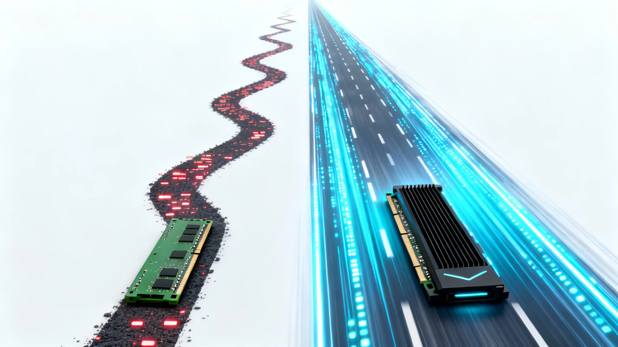 A 3D visualization comparing slow and fast RAM. On the left, a slow, bumpy path with red data. On the right, a fast, sleek digital highway with blue light streams, representing superior speed and efficiency.