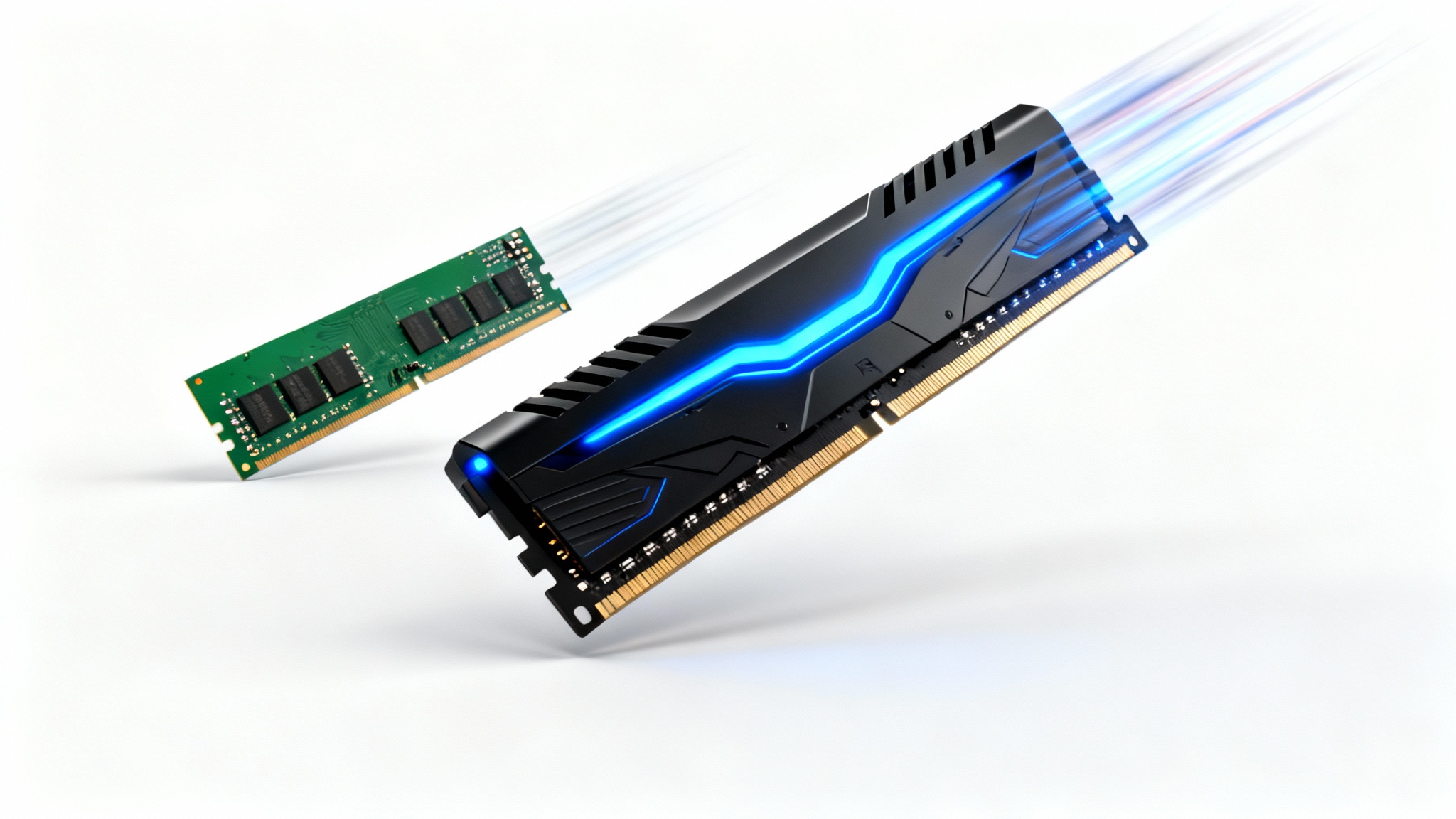 A visual metaphor for RAM speed comparison, showing a sleek, glowing blue RAM stick speeding past a standard green RAM stick on a clean white background.