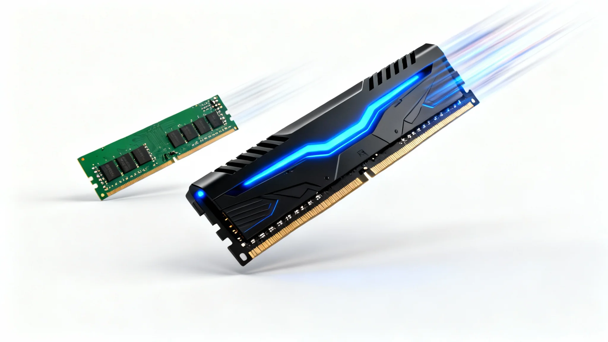 A visual metaphor for RAM speed comparison, showing a sleek, glowing blue RAM stick speeding past a standard green RAM stick on a clean white background.
