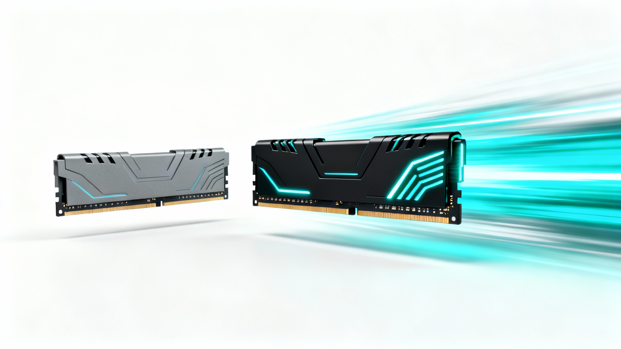 A visual representation of RAM speed comparison, showing a standard, static RAM stick next to a high-performance RAM stick that is blurred with motion and leaves a light trail to signify superior speed.