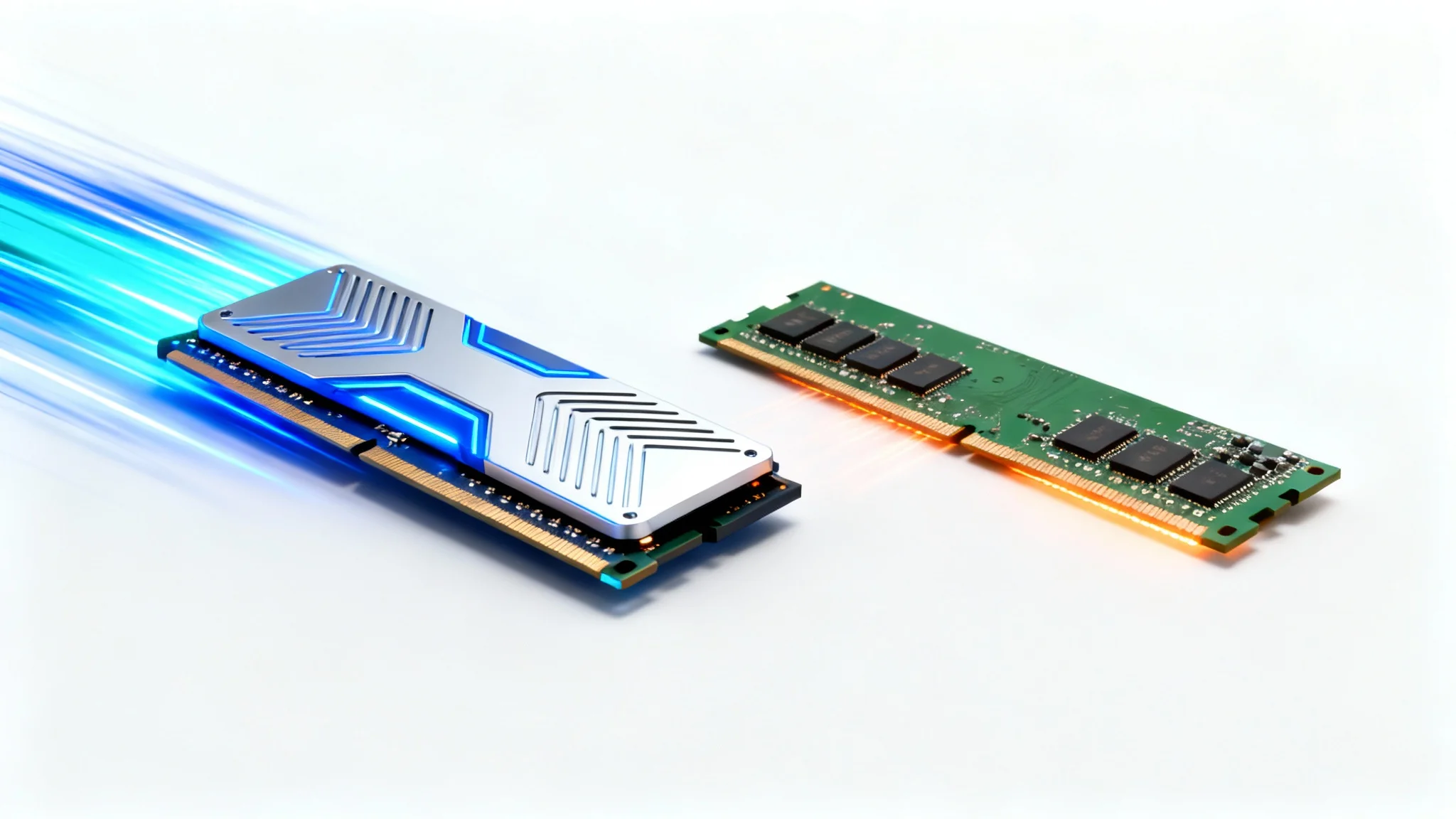 A visual comparison of RAM speeds on a white background. A modern RAM stick on the left emits a fast, powerful stream of blue light, while an older RAM stick on the right emits a slow, weak trickle of orange light.