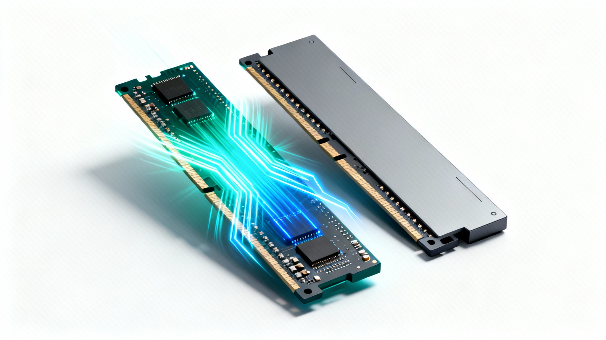 A stylized comparison of two RAM sticks on a white background. The left stick glows with blue light trails to symbolize high speed, while the right stick is plain grey to symbolize standard speed.