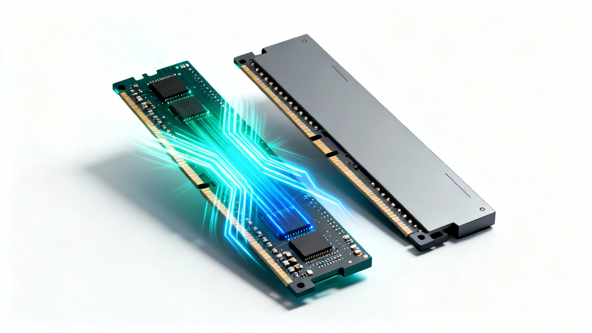 A stylized comparison of two RAM sticks on a white background. The left stick glows with blue light trails to symbolize high speed, while the right stick is plain grey to symbolize standard speed.