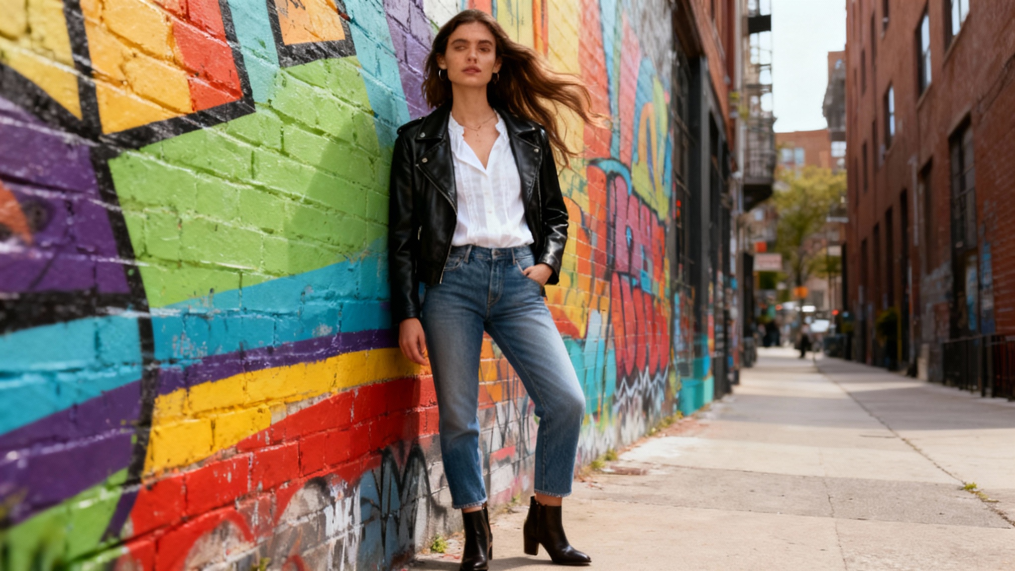 A crystal clear, professional photograph of a woman in a stylish leather jacket and jeans posing in a city, shown after a distracting overlay has been removed from the image.