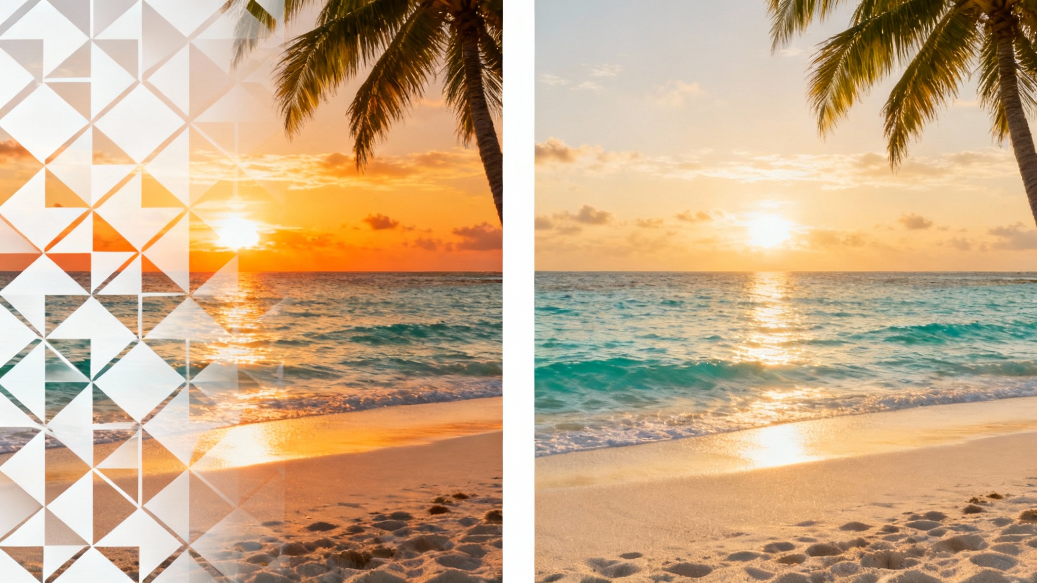A before-and-after image demonstrating an overlay remover. The left half shows a beach photo with a white pattern overlay, while the right half shows the same photo perfectly clean and clear.