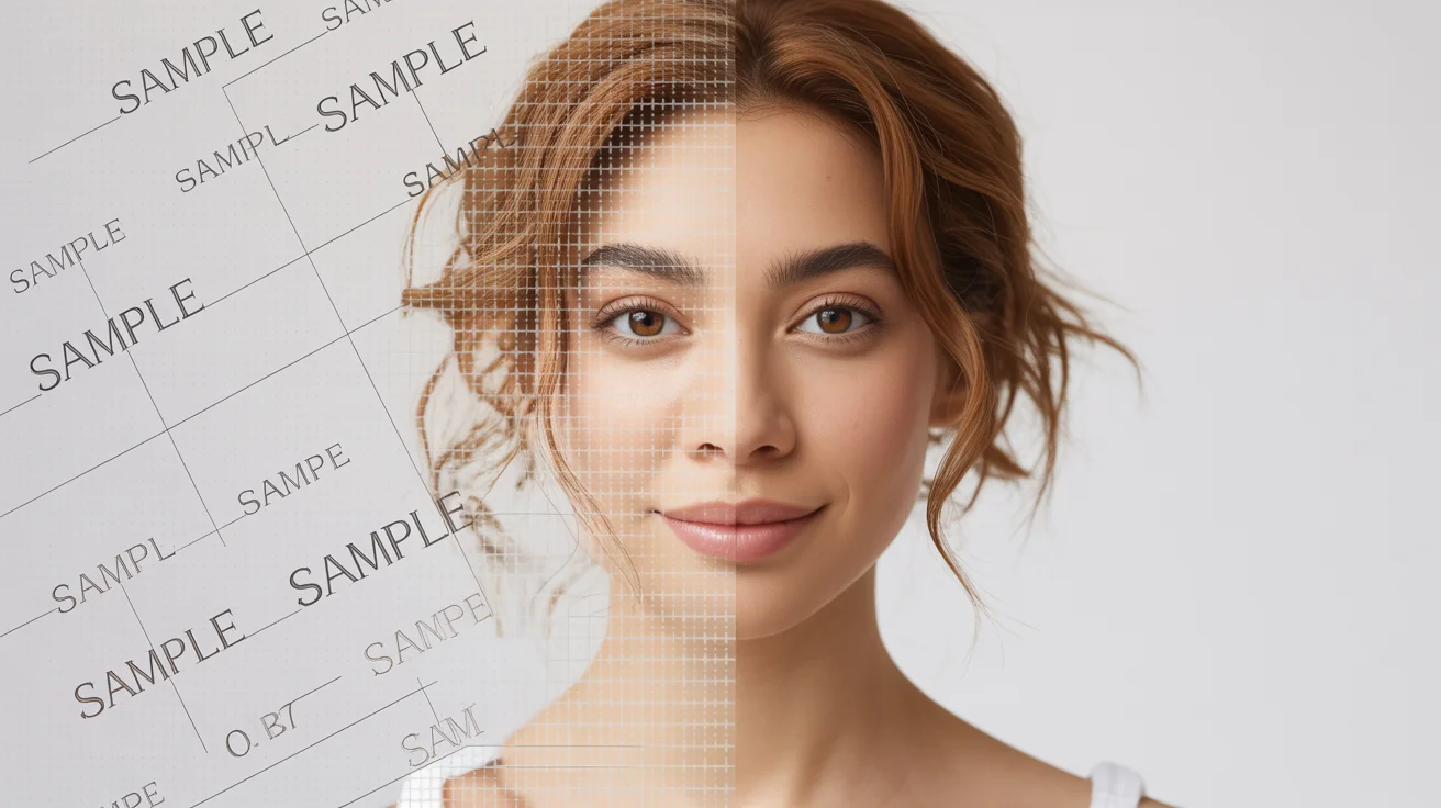 A before-and-after image demonstrating an overlay remover. The left half of a person's portrait is covered in a 'SAMPLE' text watermark, while the right half is perfectly clear and restored.