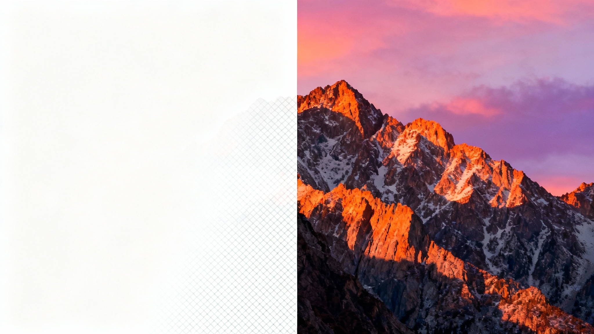 A before-and-after image demonstrating an overlay remover; one part of a mountain landscape photo is obscured by a pattern, while the other is perfectly clear.