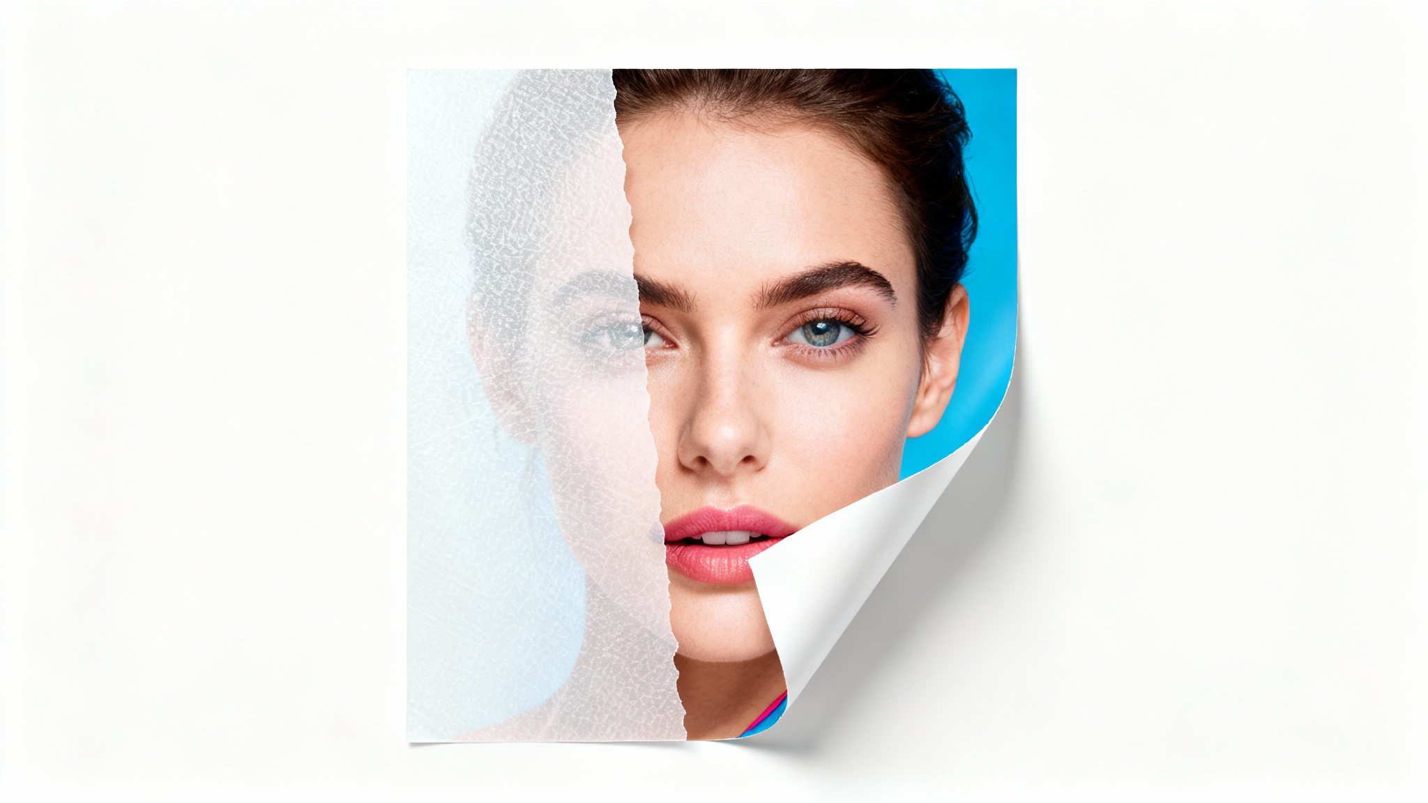 An image demonstrating an overlay remover, showing a photo of a person's face half-covered by a white overlay which is being peeled back to reveal the clear, colorful image beneath.