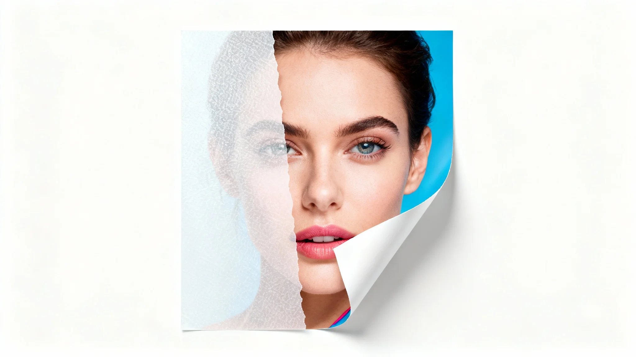 An image demonstrating an overlay remover, showing a photo of a person's face half-covered by a white overlay which is being peeled back to reveal the clear, colorful image beneath.