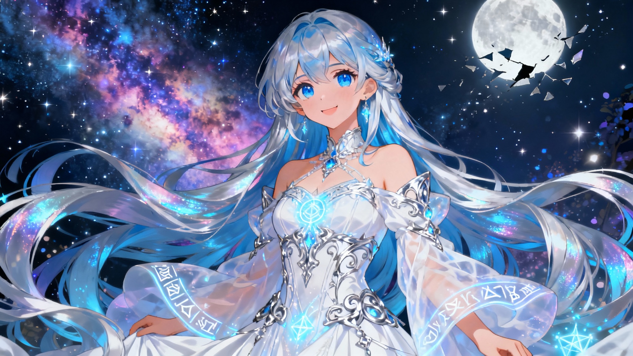 A beautifully rendered anime character, a waifu, with long blue and silver hair, stands against a magical night sky with a nebula and a shattered moon. This is an example of a generated waifu image.