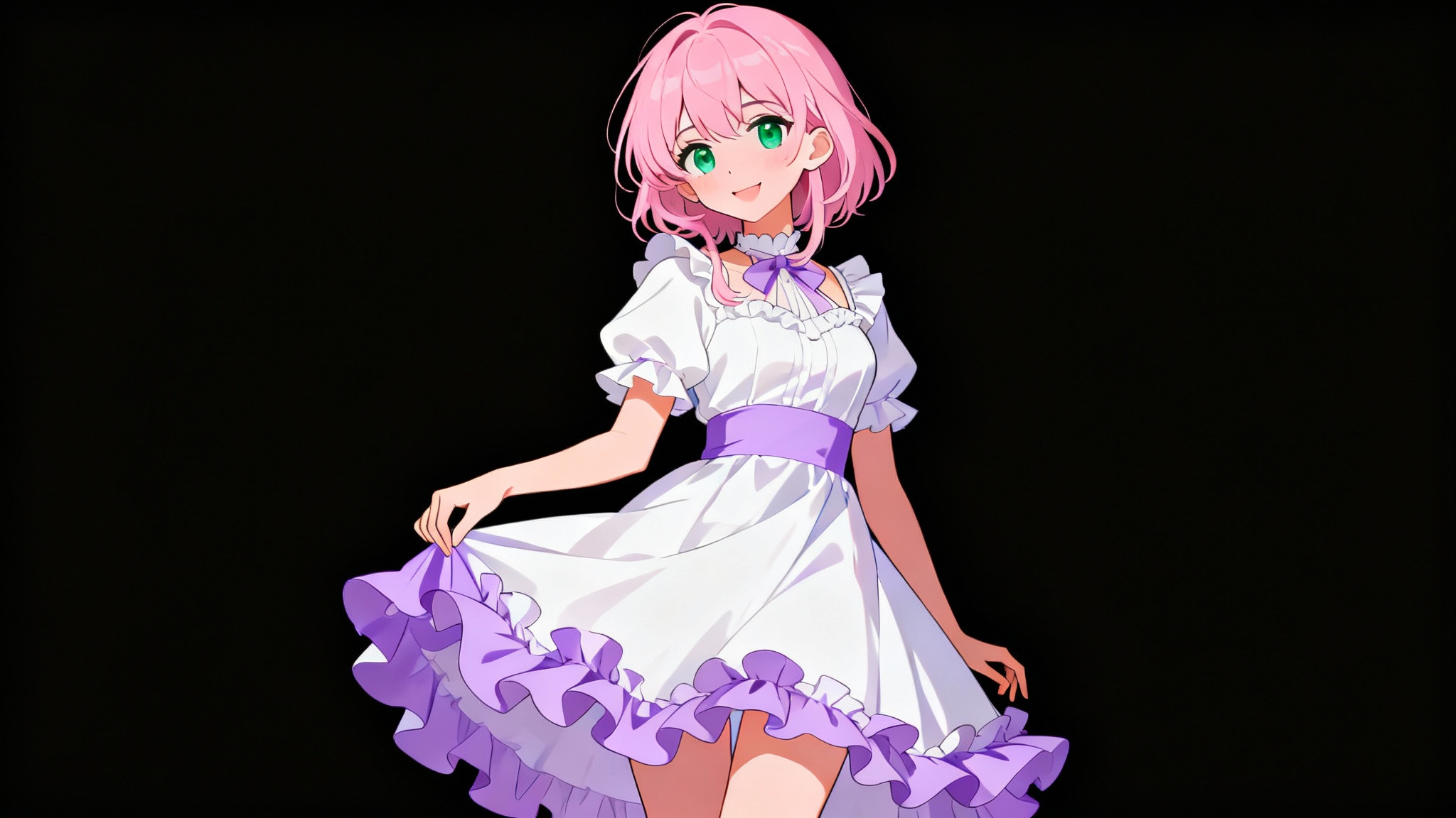 A high-quality digital illustration of a beautiful anime girl (waifu) with long pink hair and green eyes, smiling sweetly while wearing a cute dress, set against a plain white background.
