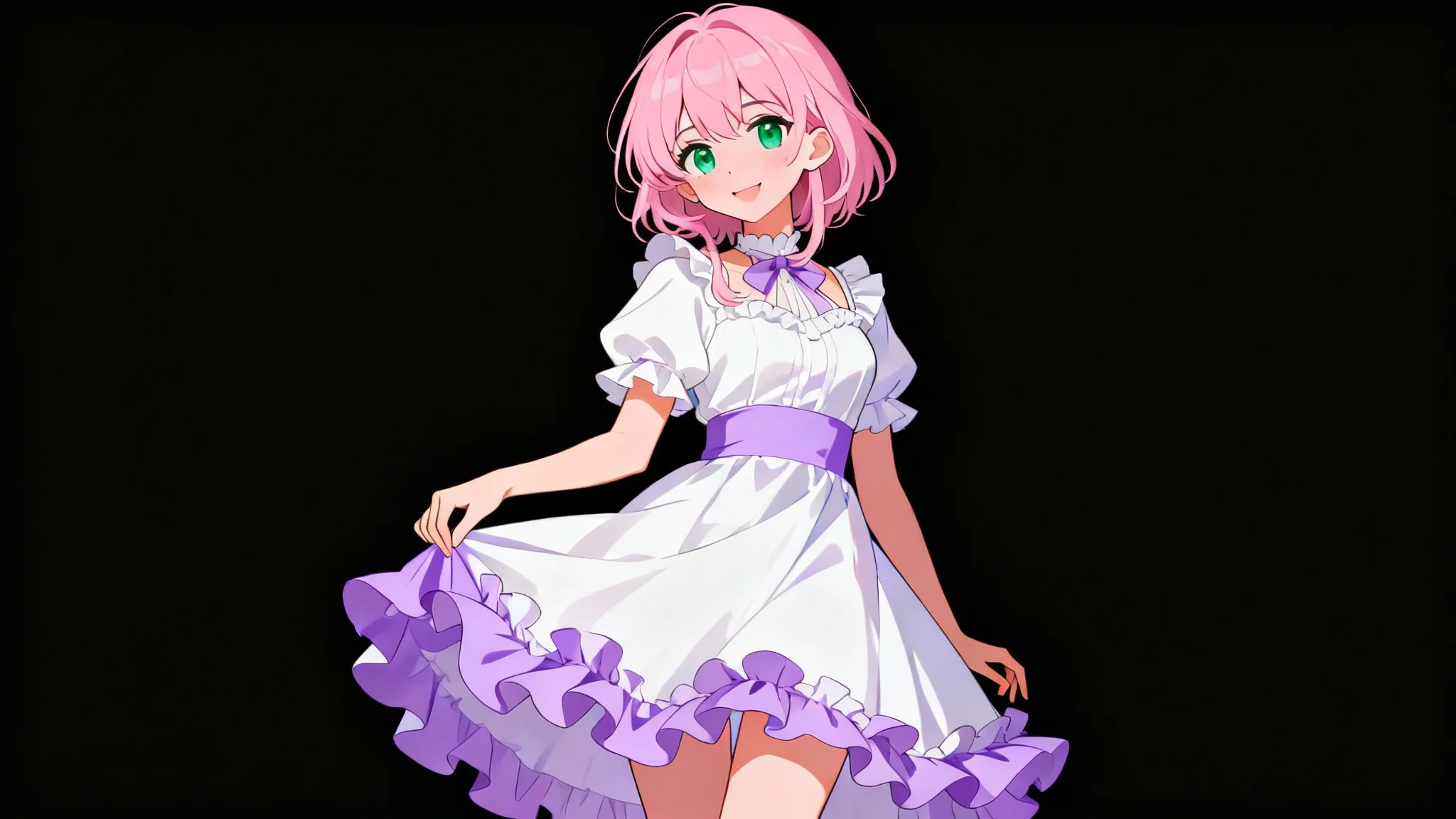 A high-quality digital illustration of a beautiful anime girl (waifu) with long pink hair and green eyes, smiling sweetly while wearing a cute dress, set against a plain white background.