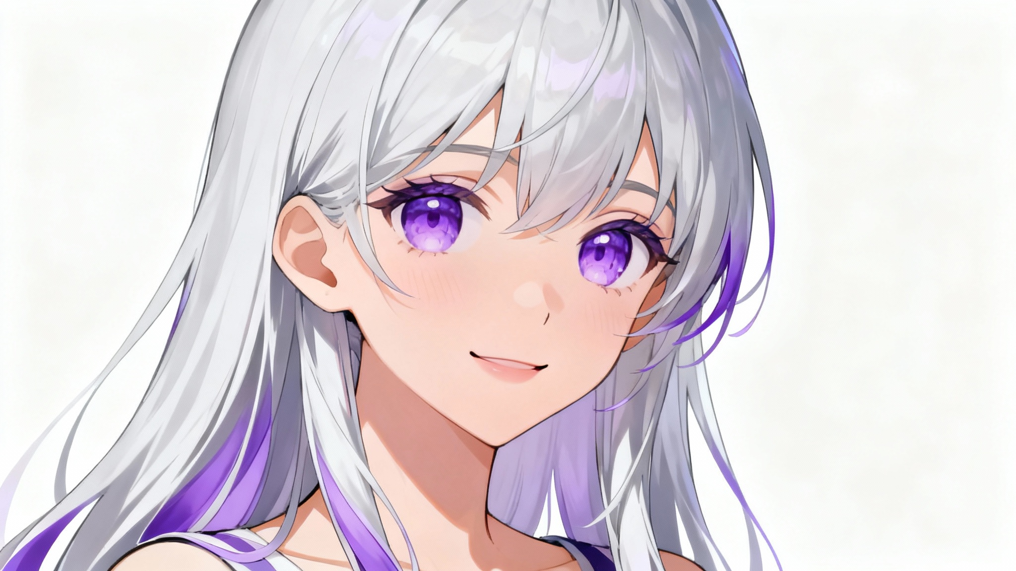 An elegant anime-style illustration of a beautiful young woman with long silver hair and purple eyes, smiling serenely against a plain white background.