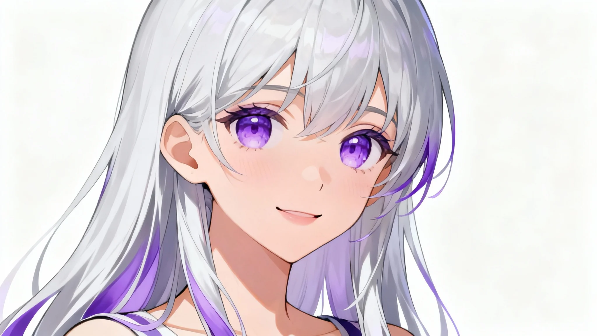 An elegant anime-style illustration of a beautiful young woman with long silver hair and purple eyes, smiling serenely against a plain white background.