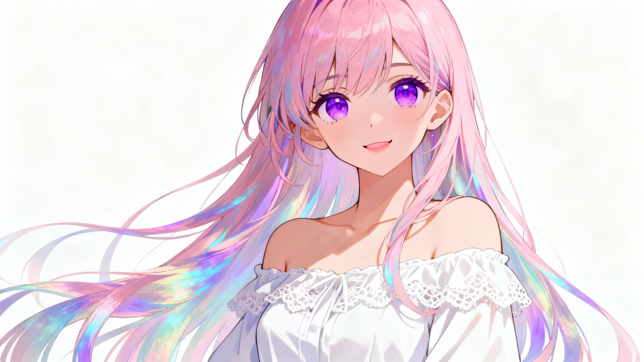 A high-quality anime-style illustration of a beautiful young woman with long pink hair and purple eyes, smiling gently in a white blouse against a plain white background.