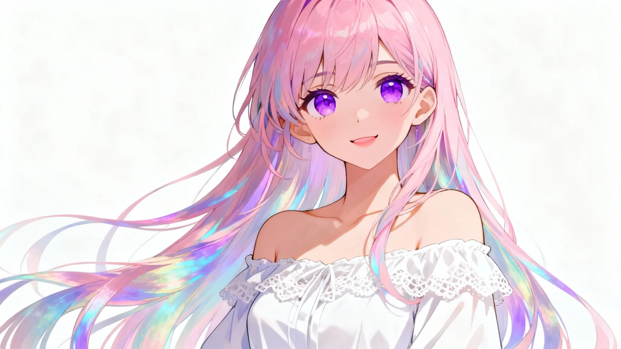A high-quality anime-style illustration of a beautiful young woman with long pink hair and purple eyes, smiling gently in a white blouse against a plain white background.