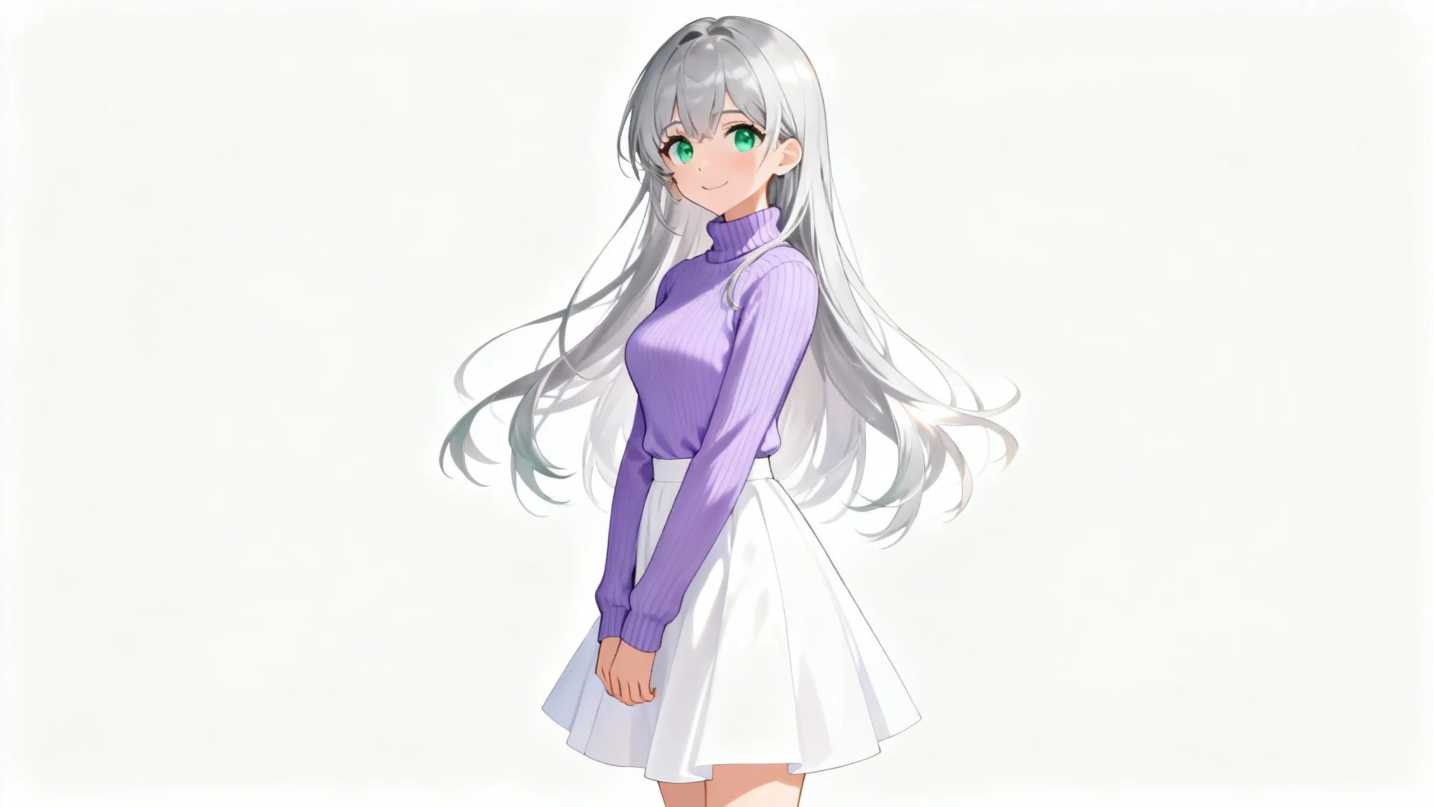 A full-body anime illustration of a beautiful girl with long silver hair and green eyes, smiling gently while wearing a lavender turtleneck and white skirt, set against a plain white background.