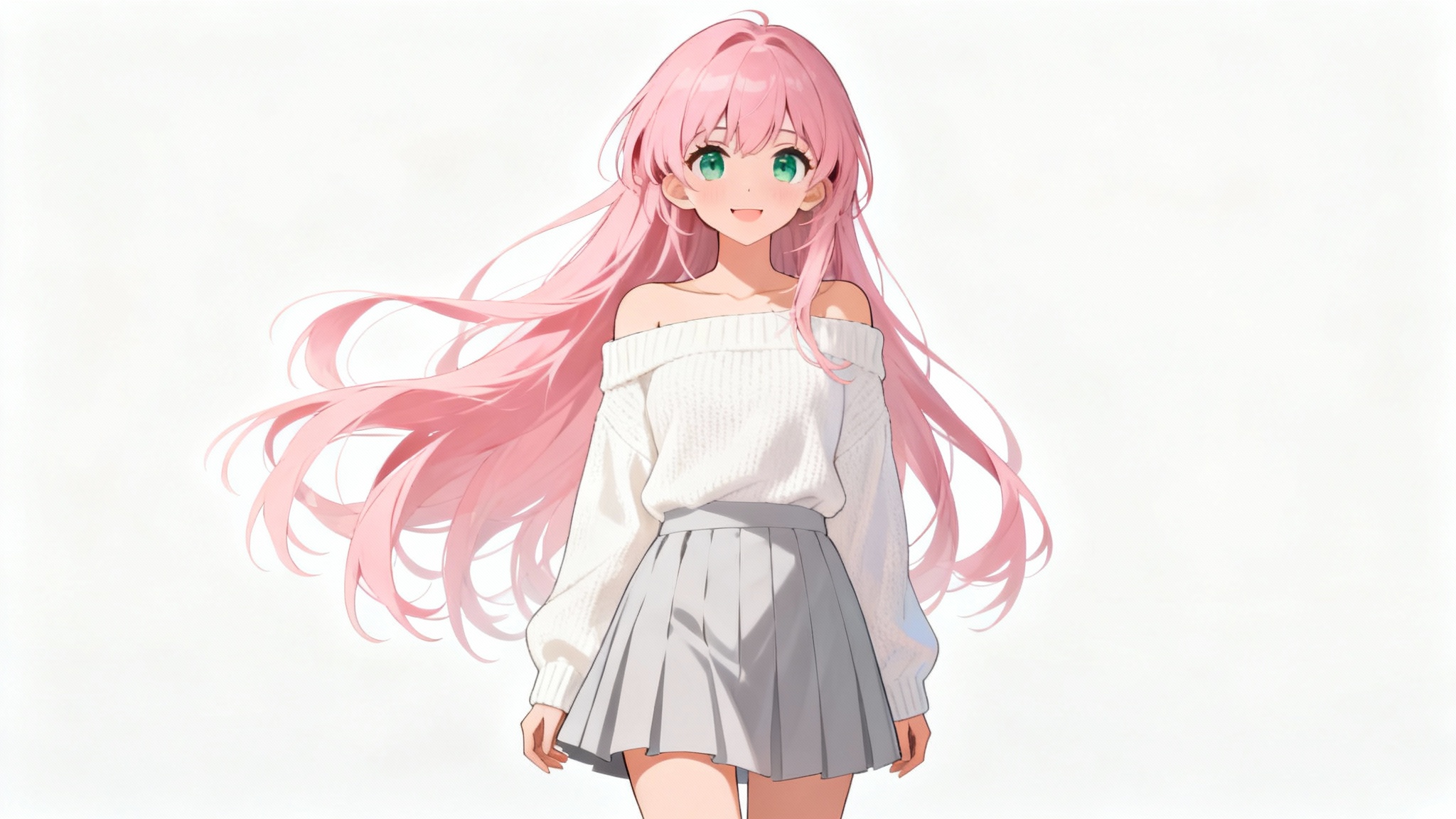 A full-body illustration of a beautiful anime girl with long pink hair and green eyes, smiling warmly against a plain white background.
