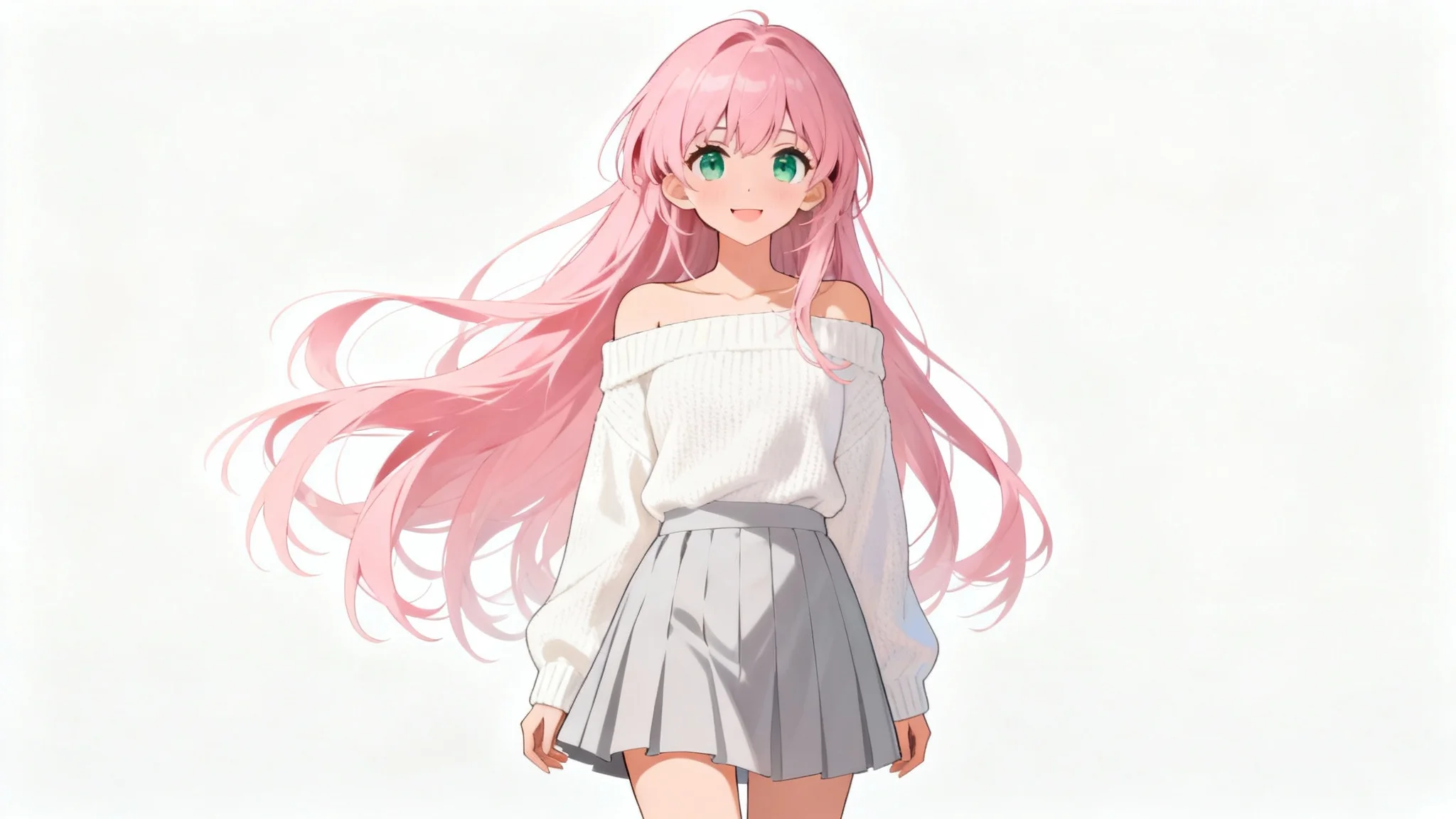 A full-body illustration of a beautiful anime girl with long pink hair and green eyes, smiling warmly against a plain white background.