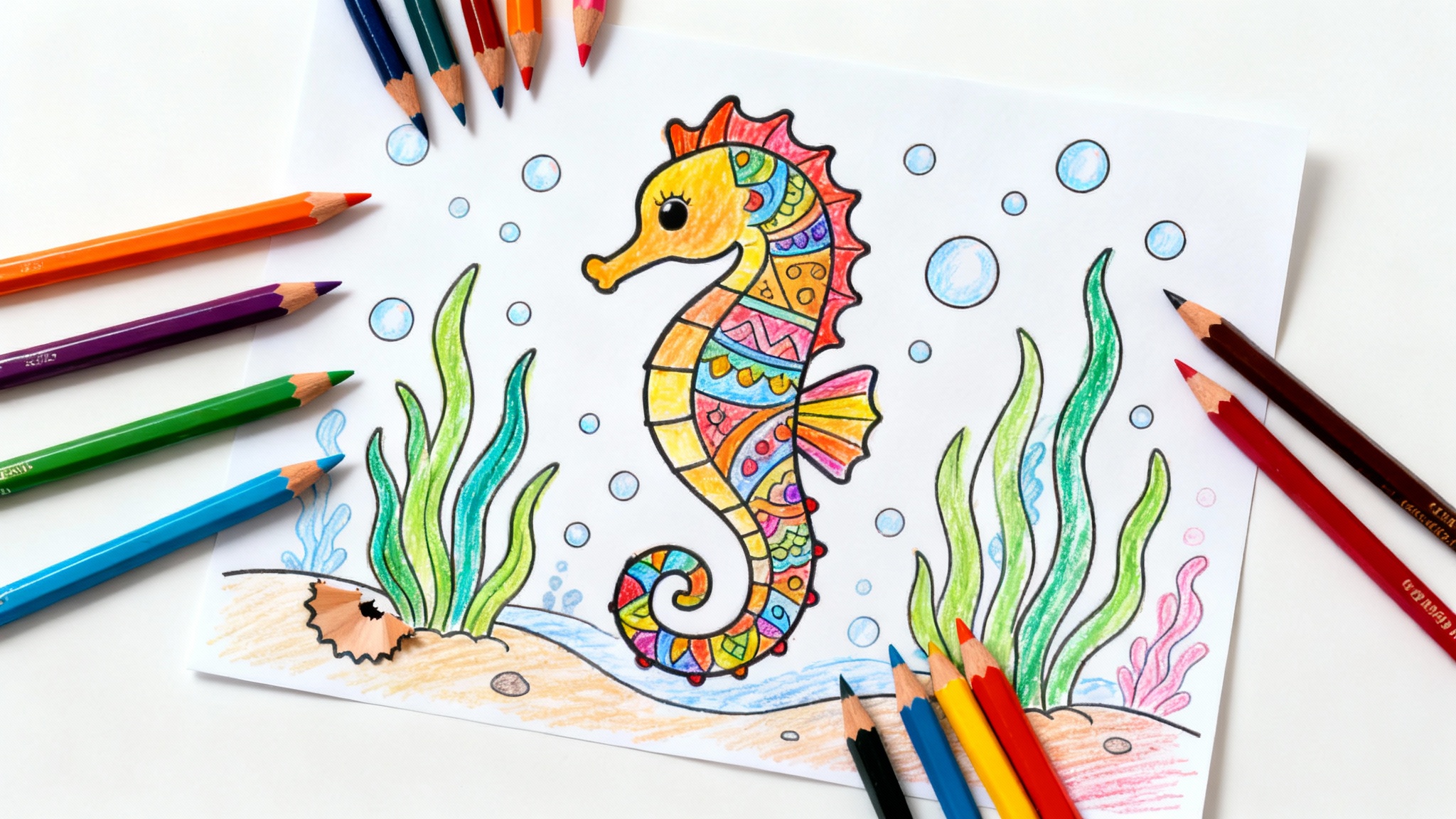 A top-down photo of a seahorse coloring page, partially colored with vibrant colored pencils that are scattered around the paper on a clean white background.