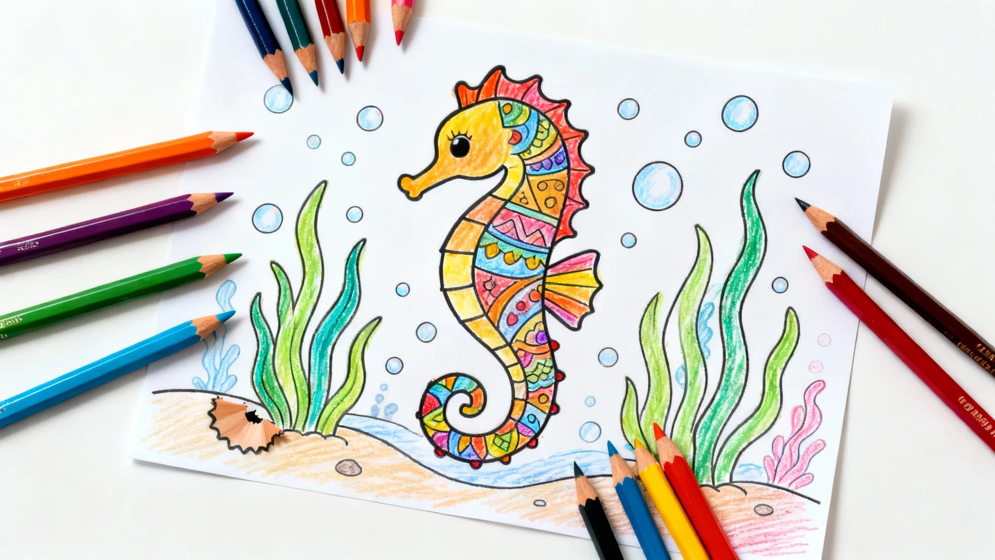 A top-down photo of a seahorse coloring page, partially colored with vibrant colored pencils that are scattered around the paper on a clean white background.