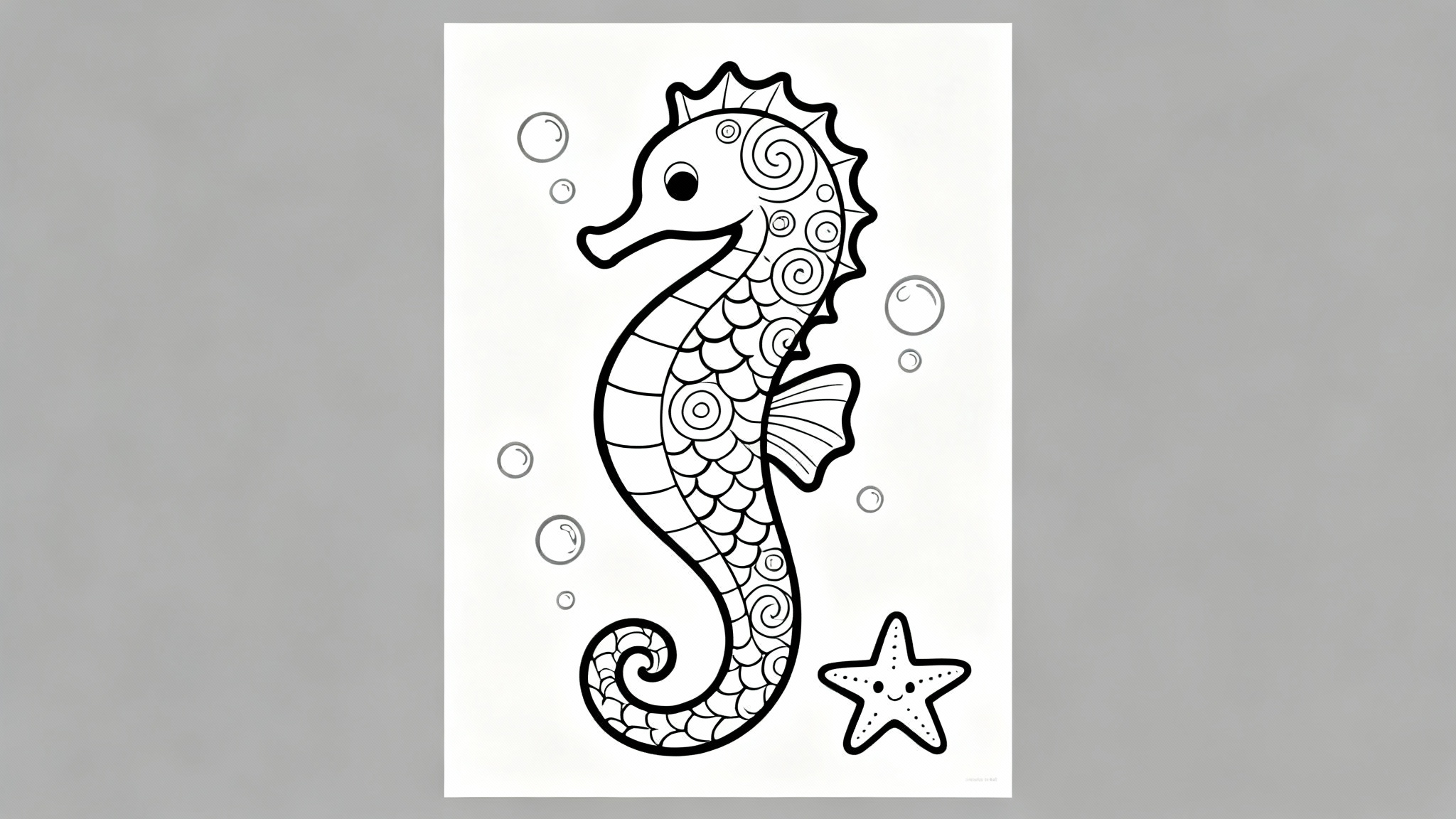 A black and white line art coloring page featuring a large, pattern-filled seahorse surrounded by bubbles and a small starfish, on a plain white background.
