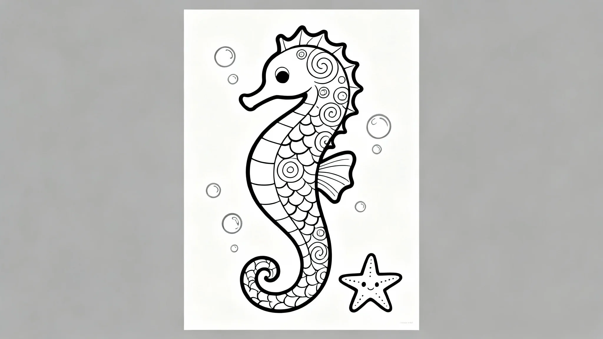 A black and white line art coloring page featuring a large, pattern-filled seahorse surrounded by bubbles and a small starfish, on a plain white background.